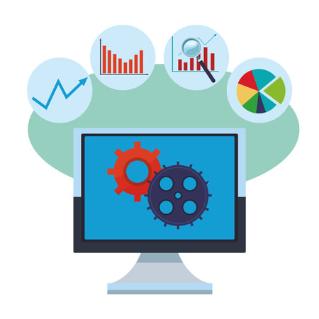 computer with gears and financial chart graphics lineal bars circular vector illustration graphic designのイラスト素材