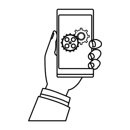 cellphone and hand holding with gears drawing in white background vector illustration graphic designのイラスト素材
