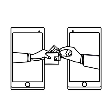 cellphone electronic transfer with hand transferring wallet with money drawing in white background vector illustration graphic designのイラスト素材
