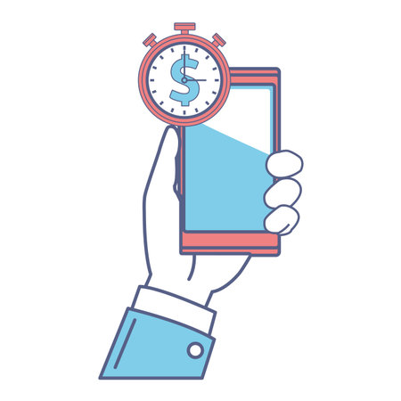 cellphone and stopwatch hand holding in white background vector illustration graphic designのイラスト素材