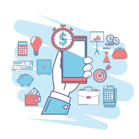 cellphone and stopwatch hand holding with financial icons light bulb wallet safe target vector illustration graphic designのイラスト素材
