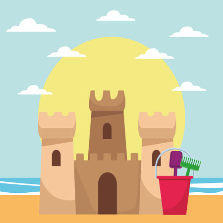 beach toys and sand castle colorful sunny seascape vector illustration graphic designのイラスト素材