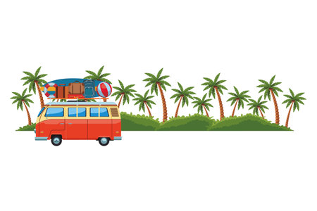 camper van and island colorful with palm tree in white background vector illustration graphic designのイラスト素材