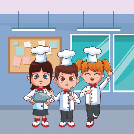 cute chef children inside kitchen cartoon vector illustration graphic designのイラスト素材