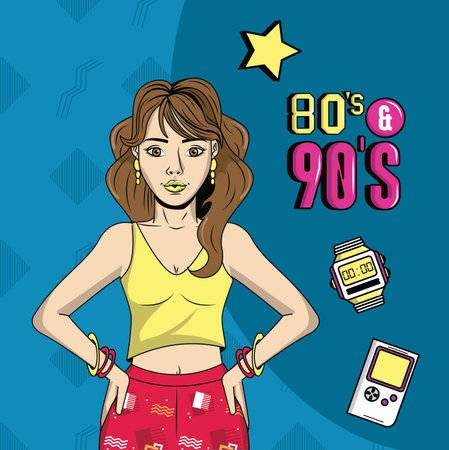 eighties and nineties brunette woman half-body  vector illustration graphic designのイラスト素材