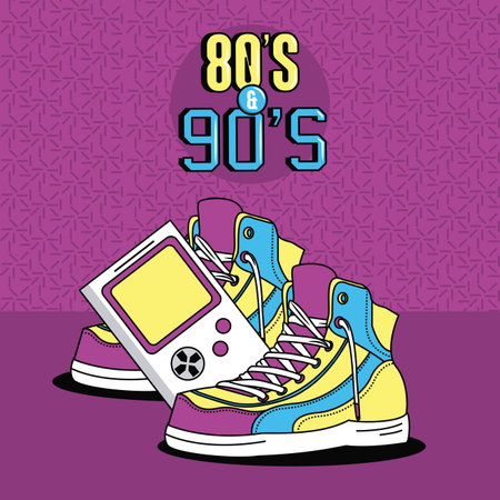 eighties and nineties style sneakers game boy purple background vector illustration graphic design