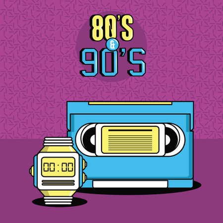 eighties and nineties style vcr tape watch purple background vector illustration graphic designのイラスト素材