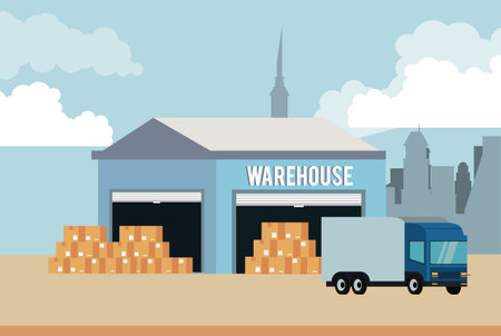 Warehouse with cargo vehicle truck scenery vector illustration graphic designのイラスト素材