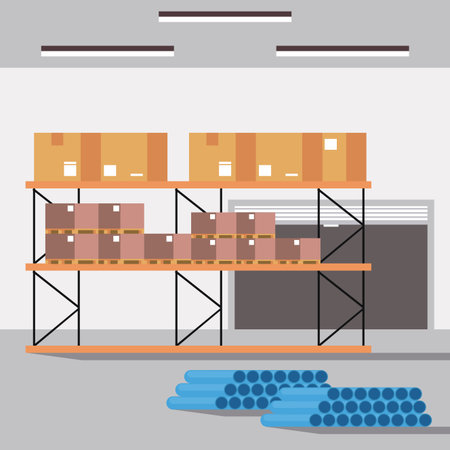 Warehouse logistics building interior with boxes on shelfs vector illustration graphic designのイラスト素材
