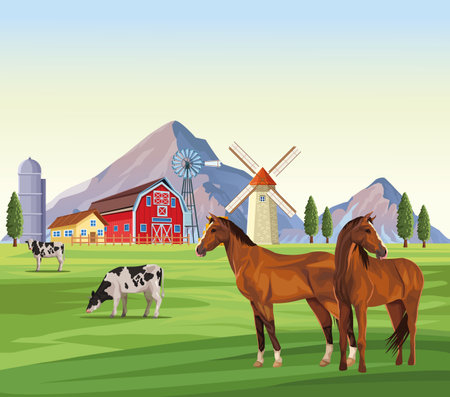 farm animals in rural landscape scenery vector illustration graphic designのイラスト素材