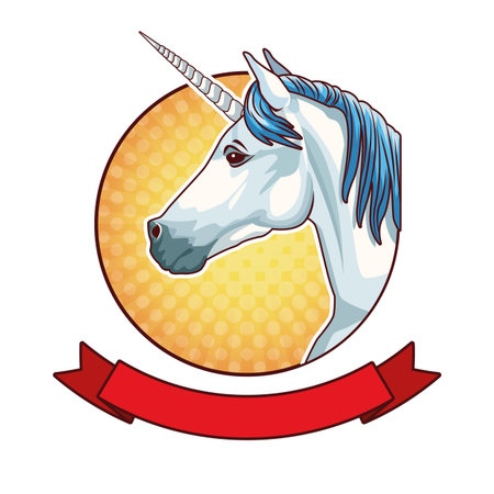 unicorn pop art cartoon round icon with blank ribbon bannerのイラスト素材