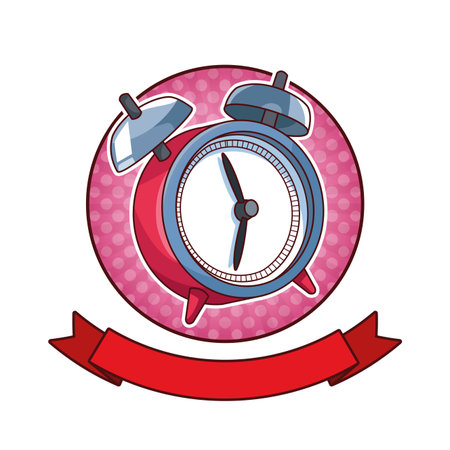 Clock alarm bells pop art cartoon round icon with blank ribbon bannerのイラスト素材