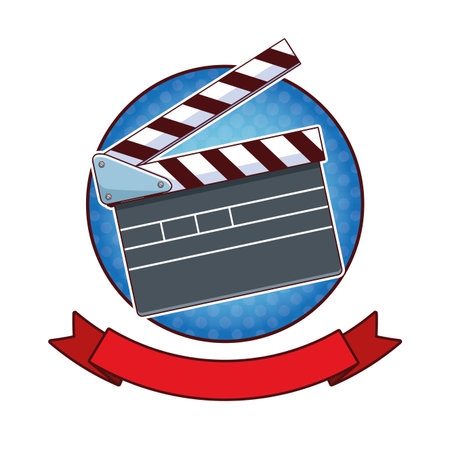 Cinema clapboard pop art cartoon round icon with blank ribbon bannerのイラスト素材