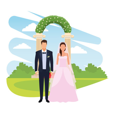 wedding bride nad groom couple ocer columns entrance with bushes vector illustration graphic designのイラスト素材