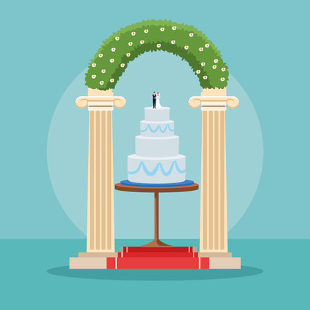 Wedding cake on table with columns entrance cartoon vector illustration graphic designのイラスト素材