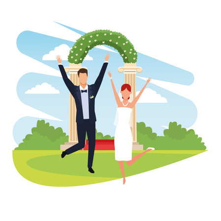 wedding bride nad groom couple ocer columns entrance with bushes vector illustration graphic designのイラスト素材