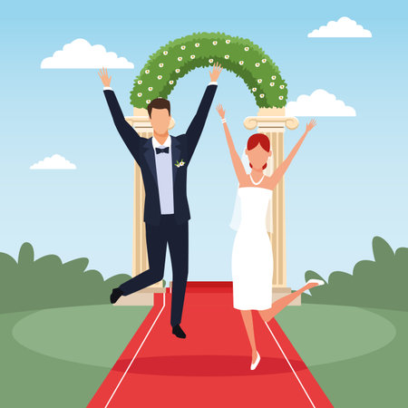 wedding bride nad groom couple ocer columns entrance with bushes vector illustration graphic designのイラスト素材