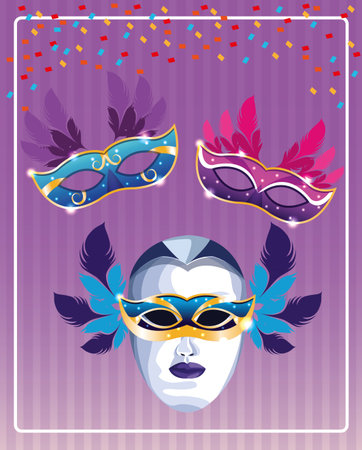 Mari gras masks card over striped purple background vector illustration graphic designのイラスト素材