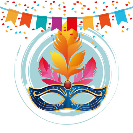 Mari gras mask in round icon with pennants and confetti vector illustration graphic designのイラスト素材