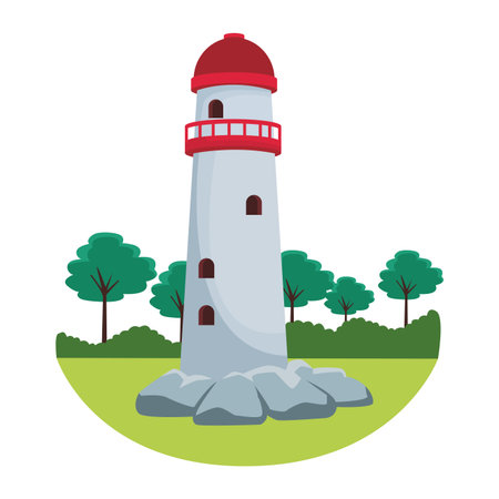 lighthouse rural landscape with tree round icon colorful vector illustration graphic designのイラスト素材