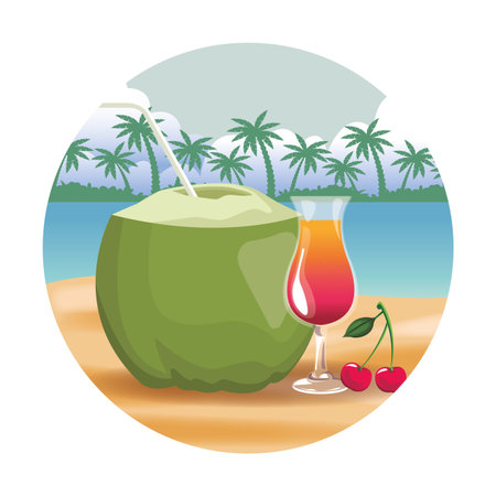 coconut and cocktail with cherries colorful seascape round icon vector illustration graphic designのイラスト素材