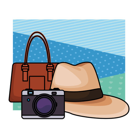 hat with purse with camera colorful frame vector illustration graphic designのイラスト素材