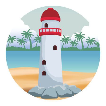 lighthouse seascape icon seascape colorful round icon vector illustration graphic designのイラスト素材