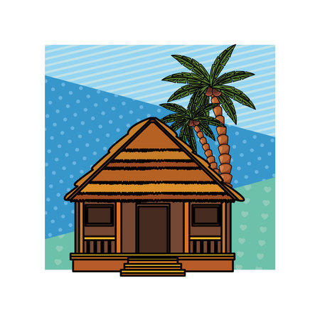 cottage and palm tree colorful frame vector illustration graphic designのイラスト素材
