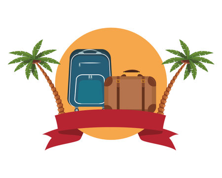 travel baggage icon with palm tree colorful round icon vector illustration graphic designのイラスト素材