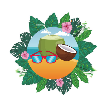 sunglasses with coconut seascape round icon colorful vector illustration graphic designのイラスト素材
