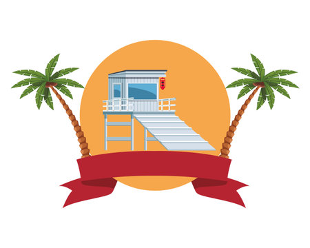 lifeguards tower icon with palm colorful round icon vector illustration graphic designのイラスト素材