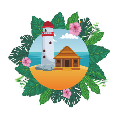 lighthouse with cottage seascape colorful round icon palm leaves vector illustration graphic designのイラスト素材
