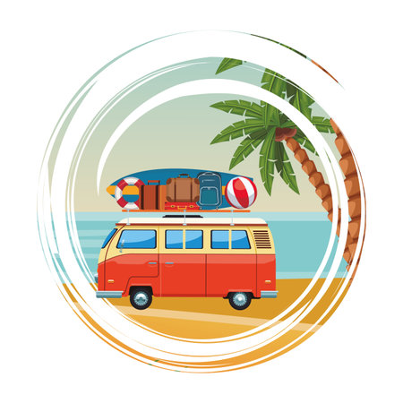 camper van icon with beach equipment and baggage seascape round icon vector illustration graphic designのイラスト素材