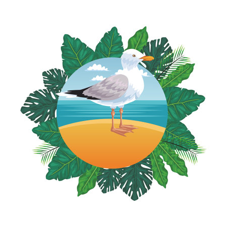 seagull at beach seascape round icon colorful vector illustration graphic designのイラスト素材