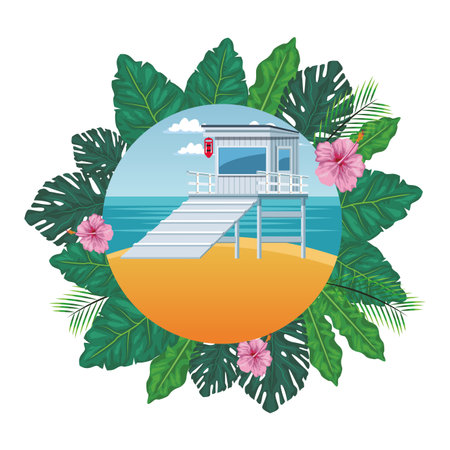 lifeguards tower icon seascape palm leaves colorful round icon vector illustration graphic designのイラスト素材