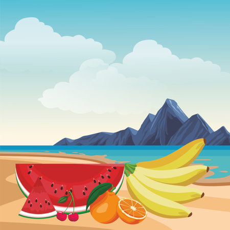 tropical fruit icon watermelon cherries bananas oranges seascape colorful vector illustration graphic designのイラスト素材