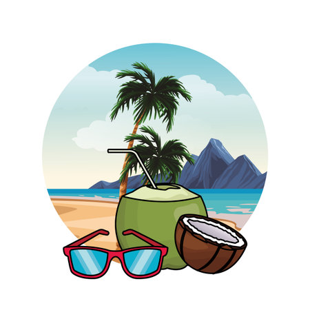sunglasses with coconut seascape round icon colorful vector illustration graphic designのイラスト素材