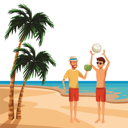 men with voleyball ball and coconut sunglasses shortpants and hat seascape vector illustration graphic designのイラスト素材