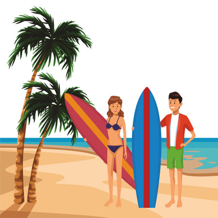 couple with beach items surfboards seascape round icon palm tree vector illustration graphic designのイラスト素材