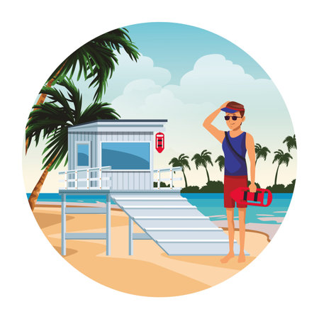 lifeguard with tower and torpedo buoy hat sunglasses round icon vector illustration graphic designのイラスト素材