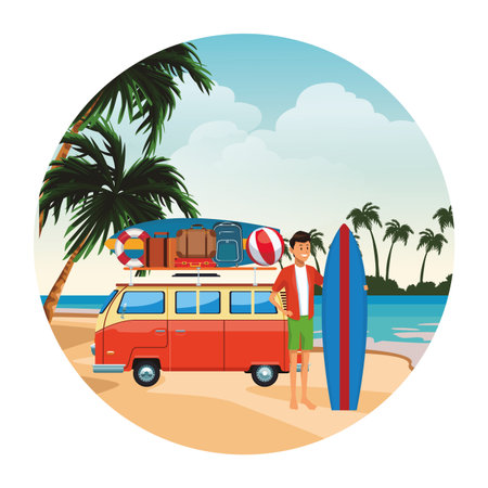 man with surfboard camper van seascape round icon vector illustration graphic designのイラスト素材