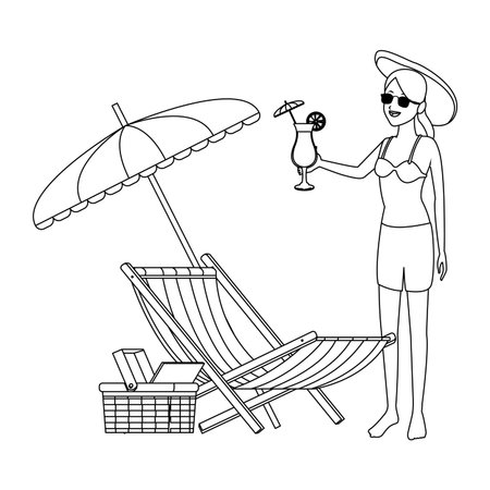 woman beach hat and cocktail beach chair and umbrella wicker basket vector illustration graphic designのイラスト素材