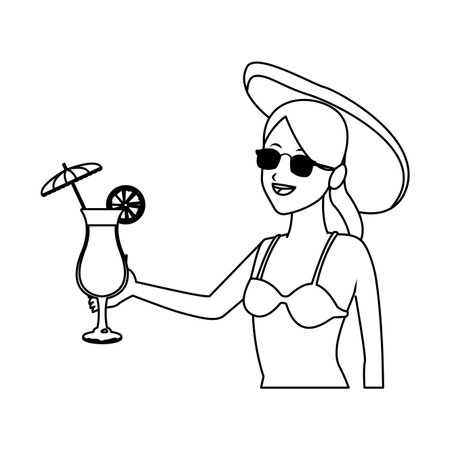 woman beach hat and cocktail isolated halfbody in white background vector illustration graphic designのイラスト素材