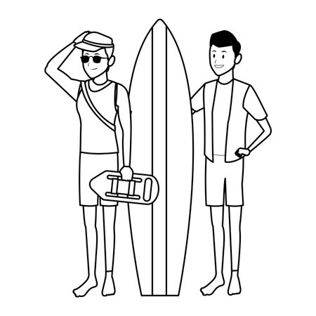 lifeguard with man and surfboard with torpedo buoy hat sunglasses in white background vector illustration graphic designのイラスト素材