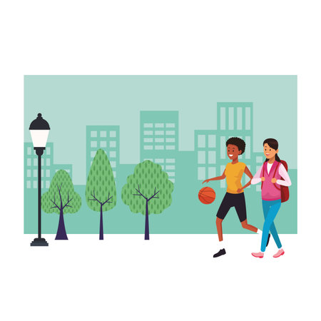 women with bag and ball sport and casual outfit at park cityscape vector illustration graphic designのイラスト素材