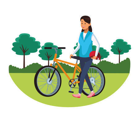 woman with bicicle and helmet parkscape vector illustration graphic designのイラスト素材