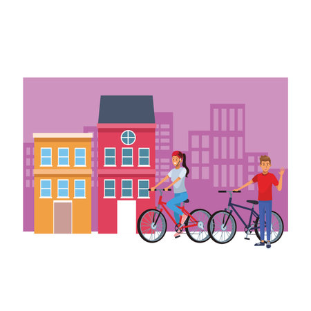 couple in bicicles with helmet cityscape vector illustration graphic designのイラスト素材
