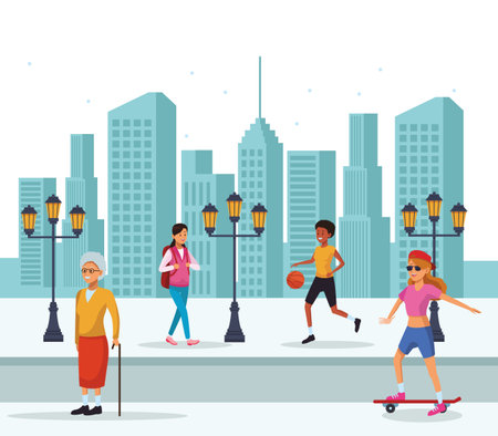 people in the city old woman skateboard basketball skyscrapers silhouette cityscape vector illustration graphic designのイラスト素材