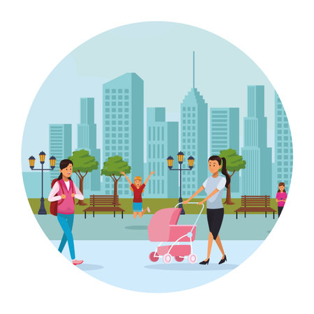 people in the city woman with pram student skyscrapers silhouette cityscape round icon vector illustration graphic designのイラスト素材