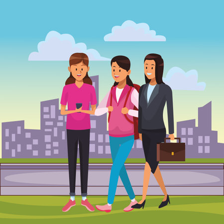 woman daily routine with phone and briefcase cityscape vector illustration graphic design vector illustration graphic designのイラスト素材
